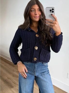 Muse Navy Chunky Knit Button-Front Cardigan